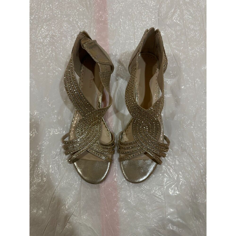 Charter Club Ginifur Gold Rhinestone Strappy Low Wedge Sandals Size 8M Zipper